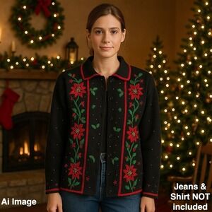 ARRIVISTE Women S Black Poinsettia Christmas Cardigan Sweater Holiday‎ *READ